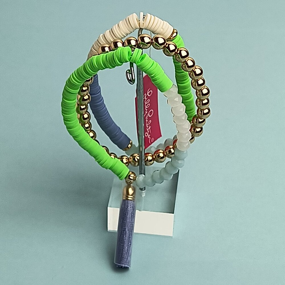 Lilly Pullitzer Hi Summer' Stack Trio Bracelet Tassel Beaded Stretch Gre…